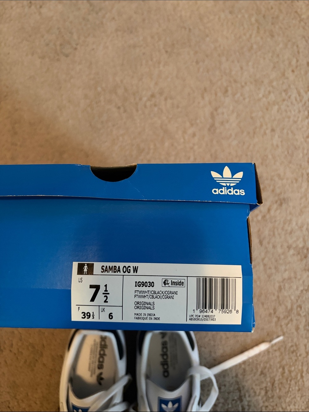 Adidas Samba OG W White Sneakers w/Black Stripes gray toe NIB 7.5 price to sell - Picture 3 of 5